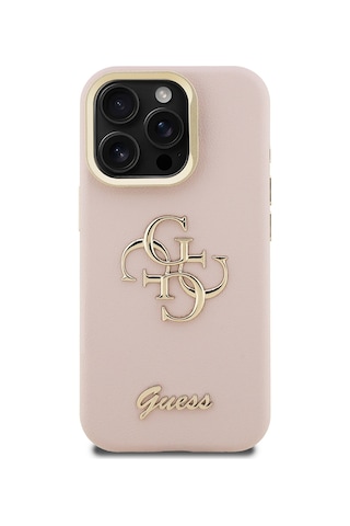 Apple Uyumlu iPhone 15 Pro Max Kılıf Guess Lisanslı Grained Yazı Logolu Kamera Standlı Kapak Pembe