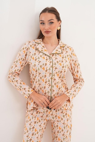 Çift Kaplan Kadın Pamuk Zeytin Desen Gömlek Yaka Yeşil Pijama Takımı 7032 Yeşil