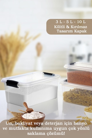 3'lü Kilit Kapak 3-5-10 Lt Erzak Saklama Kabı Çok Amaçlı Düzenleyici Kutu Deterjan Un Bakliyat Kabı Şeffaf