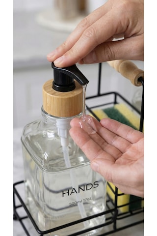 Makri Home Lüks Bambu Kulplu Siyah Metal Stantlı İkili Cam Sıvı Sabunluk 500 Ml, 23x9x23,5 Cm