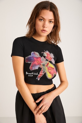 ETHIQUET JESS Kadın Çiçek Baskı Detaylı Kısa Kollu Bisiklet Yaka Crop Siyah T-Shirt