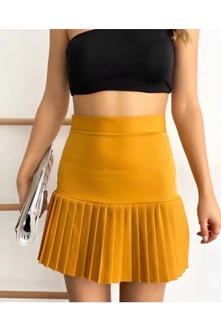 Altı Pliseli Mini Etek Hardal S24705 Hardal