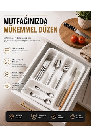 6 Bölmeli Çekmece İçi Kaşıklık, Plastik Çatal Bıçak Organizeri, Mutfak Düzenleyici Beyaz S-11003