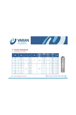 Varan 1 Hp/ 0.75 Tek Motor Monofaze 220 V 4" Derin Kuyu Pompası Sondaj Motoru Vtm 1-m