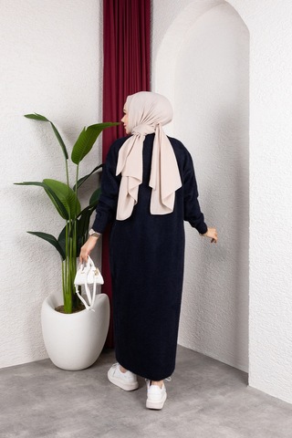 Hira Life Fashion Kadın Şal Yaka Uzun Triko Ve Sakallı Tüylü Hırka Lacivert Lacivert