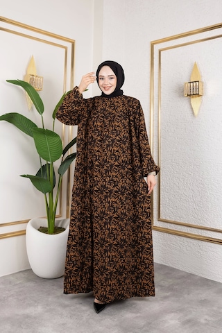 Nevayla Moda Robalı Desenli Viskon Elbise - Kiremit / E0126 Kiremit