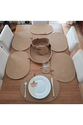 Oval 6 Kişilik 14 Parça Hasır Rengi Amerikan Servis, Hasır Supla Naturel