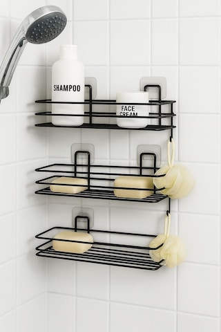 Delmeden Yapıştır 3 Katlı Banyo Duvar Rafı, Şampuan & Duş Organizer, Siyah Siyah