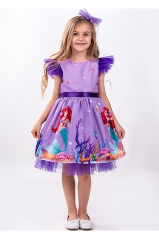 Deniz Kızı Desenli Tül Detaylı Kız Çocuk Parti Elbisesi