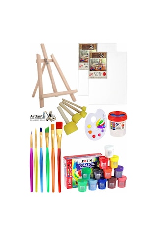 Mini Şövale 25x35 2 Li Tuval Fatih 12 Renk Guaj Boya Başlangıç Seti Fırça Palet Ponpon Temizleme Kabı Masaüstü Sanatsal