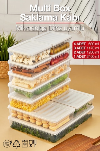 Multi Box 10 Parça 4 Farklı Boy Saklama Kabı Seti - Dondurucu & Mikrodalga Uyumlu Krem