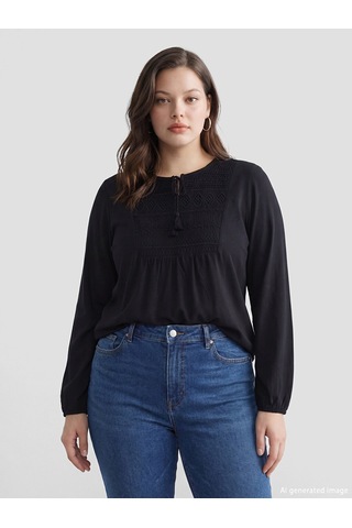 Lcw Grace Siyah Bağlamalı Yaka Nakışlı Bluz