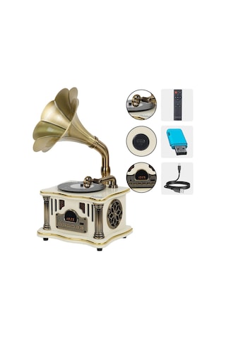 Midex Gr-26wh Fm Radyolu Nostaljik Gramofon Görünümlü Müzik Kutusu Bluetooth Hoparlör