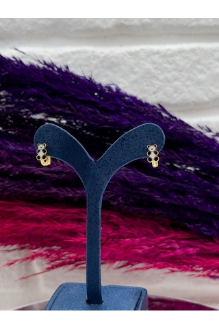 925 Ayar Gümüş Gold Renk Panda Tasarım Zarif Kız Çocuk Küpesi Gümüş