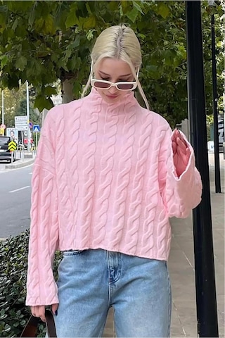 De Pose Pembe Balıkçı Yaka Örme Triko Kazak
