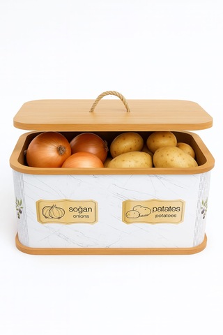 Dekorasyaa 2 Bölmeli Patates Soğanlık - Bambu - Dikdörtgen Beyaz Desen Beyaz