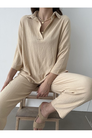 Kadın Polo Yaka Üst Pantolon Ikili Takım Bej