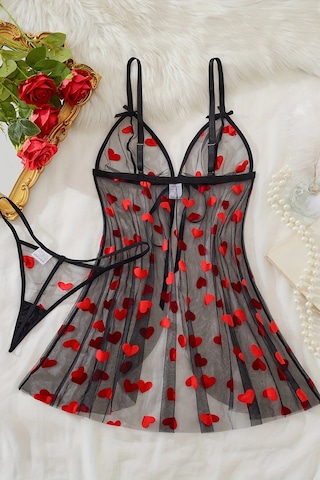 Kalp Desenli Siyah Transparan Gecelik Tm1378 Siyah