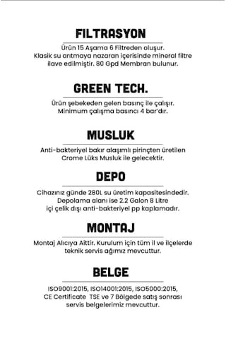15 Aşamalı Avrupai Musluklu 8 L Çelik Tanklı Su Arıtma Cihazı