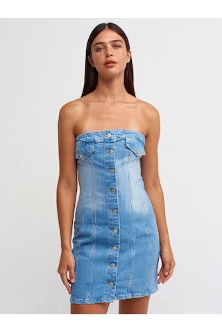 Dilvin 90525 Arka Bölümü Lastikli Mini Elbise-Mavi
