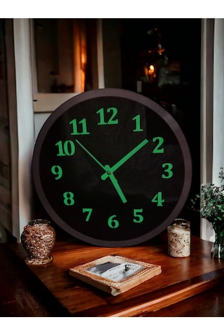 Fosforlu Gece Karanlıkta Parlayan Metal Duvar Saati Çap 30 Cm Siyah