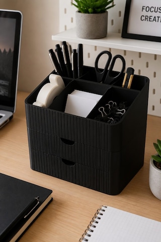 Modern 6 Bölmeli 2 Çekmeceli Masaüstü Organizer Makyaj Ofis Ve Mutfak Düzenleyici Saklama Kutusu Siyah