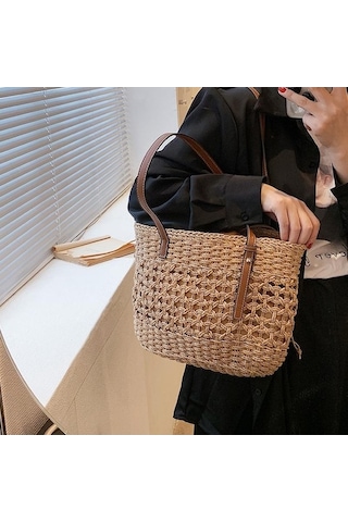 Ganzhoushop Yaz Üst Tote Saplı Plaj Omuz Kova Khaki Kapasiteli Kadınlar İçin Hasır Dokuma Çantası Çantası Çanta Büyük Alışveriş My Haki