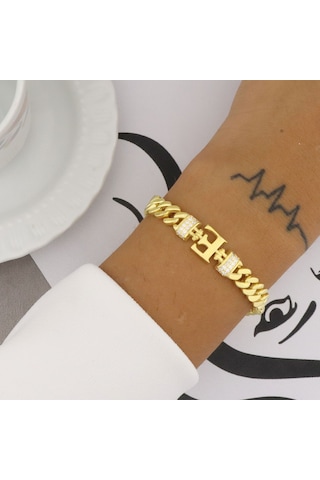 925 Ayar Gümüş E Harfi Gold Gurmet Bileklik