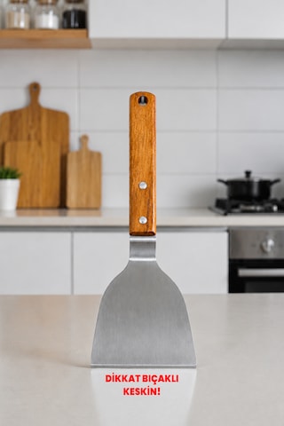 2 Adet Japon Spatula Seti - Delikli Ve Bıçaklı - Profesyonel 304 Kalite - Ahşap Akasya Saplı - Dekoratif Paslanmaz Çelik