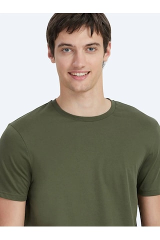 Kip Haki Düz Bisiklet Yaka %100 Pamuk T-shirt Haki