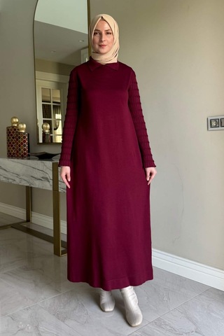Rabia Şamlı Şölen Fularlı Triko Elbise Bordo Normal