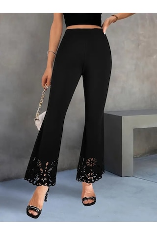 Leyla Sanat Sanata Yeni Bir Bakış Açısı Kadın Yüksek Bel Paçaya Doğru Genişleyen Lazer Çiçek Kesim Detaylı Ithal Krep Pantolon Siyah