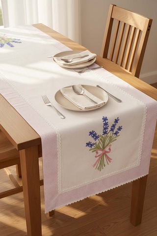 Lavanta İşlemeli Buldan Kumaş Runner 50x130 Cm Krem
