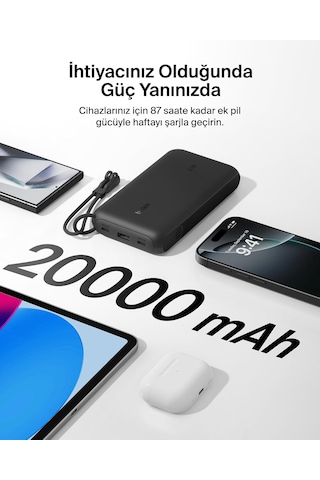 Belkin Boostcharge Power Bank 20000 Mah Display, Pd 20w Usb-c Kablolu Siyah