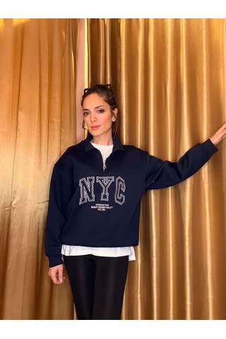 Ali Butik Lacivert Nyc Nakışlı Şardonlu Sweatshirt Lacivert