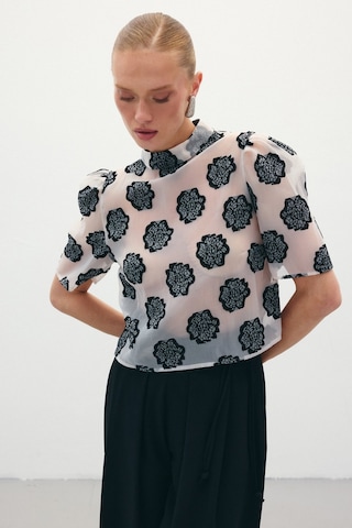Sateen Organze Kısa Kol Bluz - Siyah-136323 Siyah