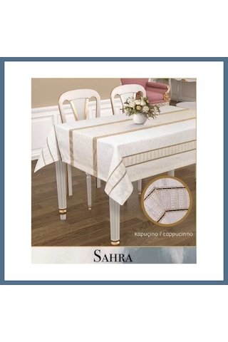 Buradabulabilirsin Polyester Ajurlu Keten Masa Örtüsü Tablecloth 160x220 Cm Dantelli Yemek Masası Örtüsü Sahra Model Kapicino Bbz