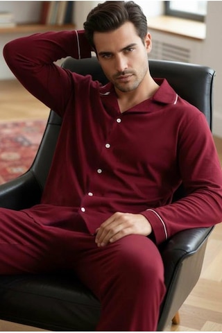 Siyah İnci Erkek Pamuklu Gömlek Yaka Düğmeli Biyeli Pijama Takım Bordo