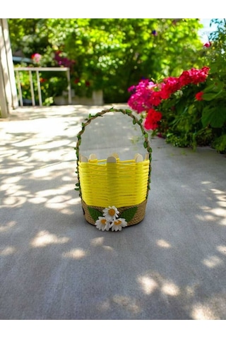 El Yapımı Çok Amaçlı Hasır Sepet Banyo Makyaj Kutusu Takı Organizer Komodin Sarı