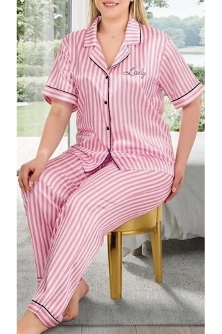 Biçomi Bicomi Büyük Beden Lüks Saten Pijama Takımı Gece Boyu Kusursuz Konfor Ve Zarafet Pembe