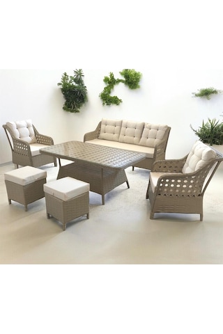Garden House Alüminyum Kapuçino Rattan Krem Kumaşlı Bahçe Koltuk Takımı 3 1 1 2 Puf Masa Bahçe Mobilyası Krem