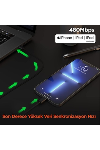 Omars MFI Sertifikalı Type-C to Lightning iPhone / Apple Uyumlu iPad Örgülü Hızlı Şarj ve Data Kablosu 1 Metre Siyah