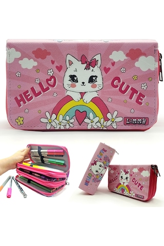 Kalem Kutusu Kitty Kedi Desenli Organizer Kalemkutu Vegan Deri Üç Bölmeli Kalemlik