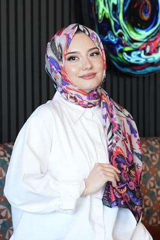 Çiçek Desen Krem Soft Pamuk Şal Violet Açik Gri