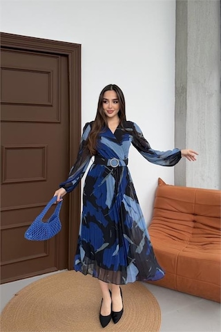 Neşeli Butik Kadın Mavi Beli Kemerli Piliseli Kruvaze Yaka Şifon Elbise Nbelb03 Mavi