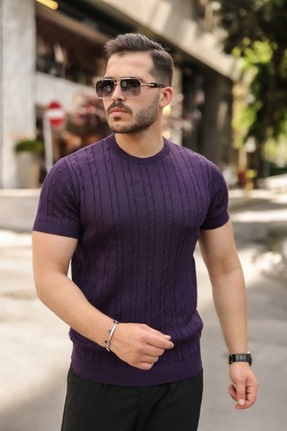 Efnaz Style Erkek Örgü Desen Bisiklet Yaka Triko Tişört - %100 Pamuk Akrilik Açık Mor
