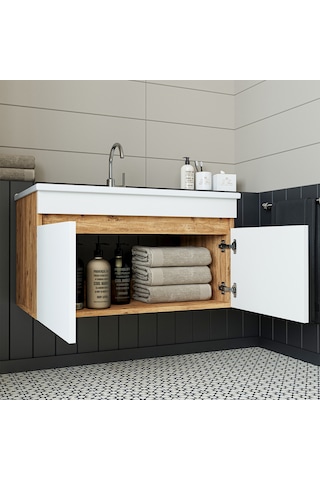 Roomart '' Lavabolu '' Atlantik-beyaz Mdf 85cm Banyo Alt Dolabı Atlantik Çam - Beyaz