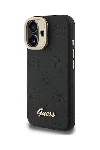 Apple Uyumlu iPhone 16 Kılıf Guess Lisanslı M safe Şarj Özellikli Kamera Standlı Pu Deri Peony Kapak Siyah