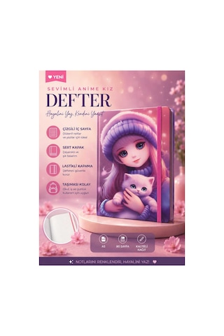 Sevimli Anime Kedili Kız Tasarımlı Sert Kapak Defter A5 Çizgili 80 Sayfa Lastikli Pembe Pembe