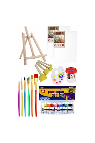 Mini Şövale 25x35 2 Li Tuval Mydido 12 Renk Yağlı Boya Başlangıç Seti Fırça Palet Ponpon Su Kabı Masaüstü Sanatsal